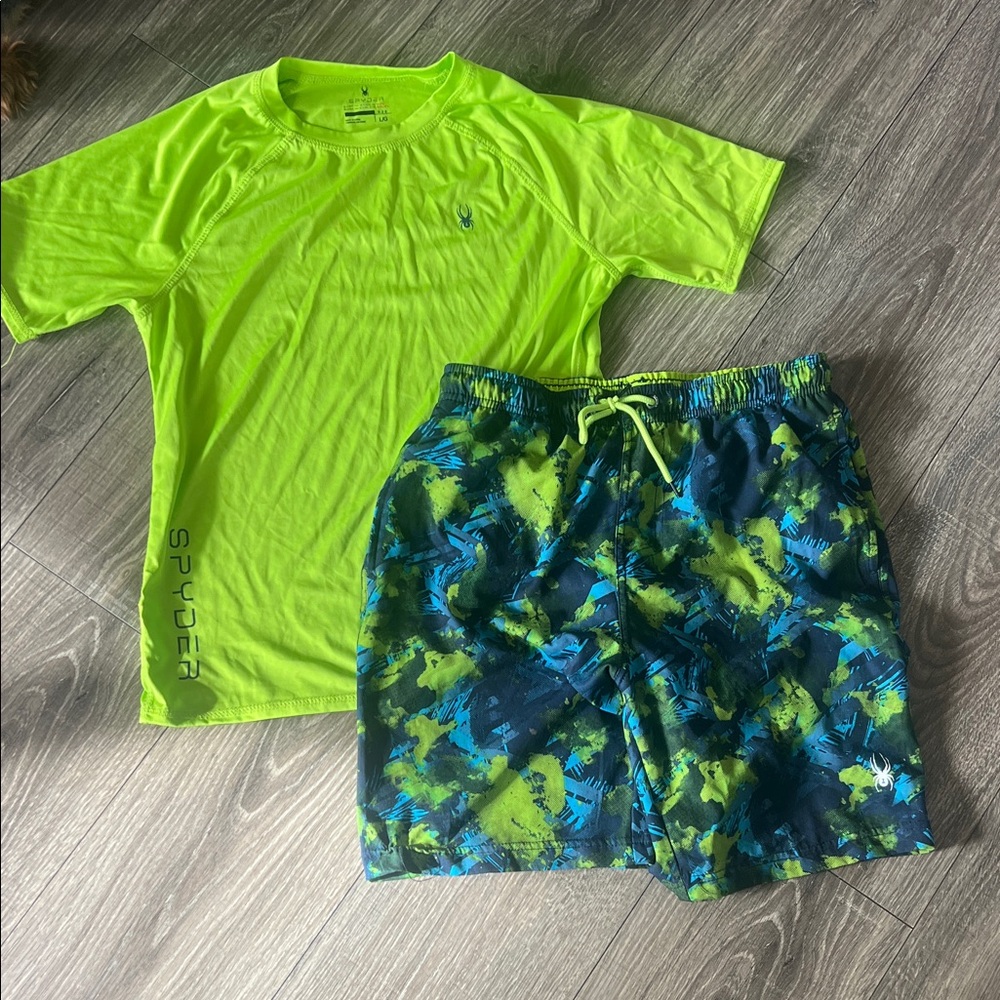 Spyder Lime Green Swim Shirt and Blue Patterned Swim Shorts